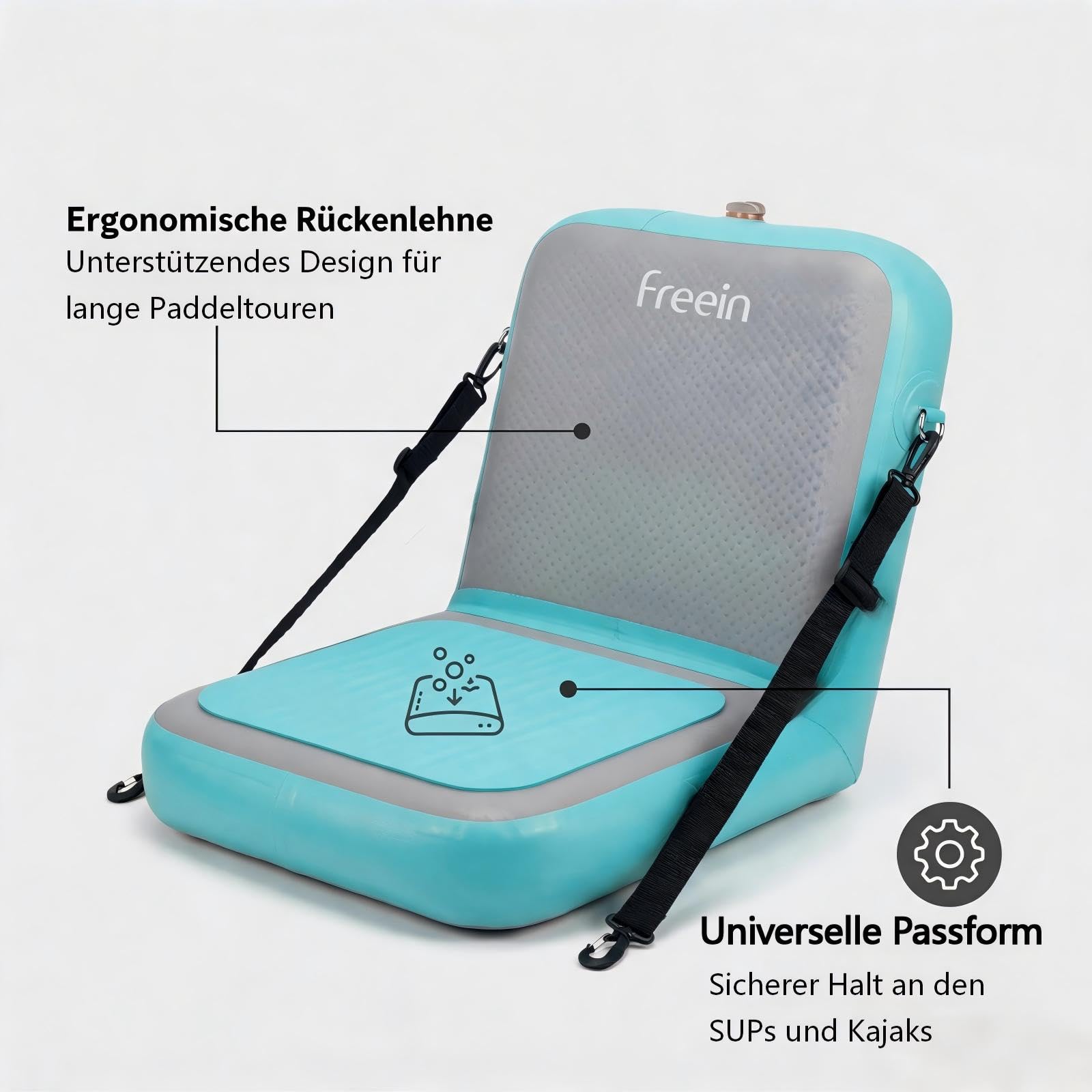 FREEIN Aufblasbarer SUP Sitz mit 4" Drop-Stitch Technologie | Hochdruck Sitzkissen bis 7 PSI für SUP & Kajak | Ergonomische Rückenlehne, verstellbare Gurte, Aufbewahrungstasche