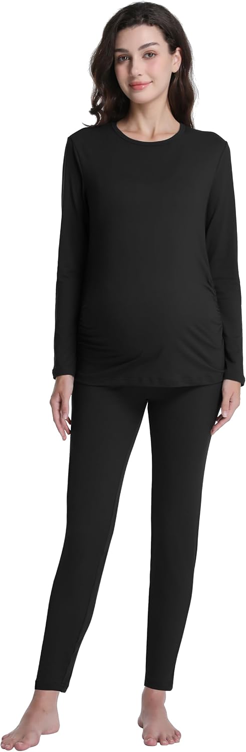 Maternity Thermal Pants Over The Belly Pregnancy Trousers Comfy Stretchy Casual Leggings Pants for Winter (Black,S)