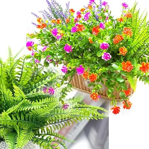 L'BREVOGA Aritificial Flowers 8pcs & Boston Fern 8pcs for Outdoor Decoration Cover