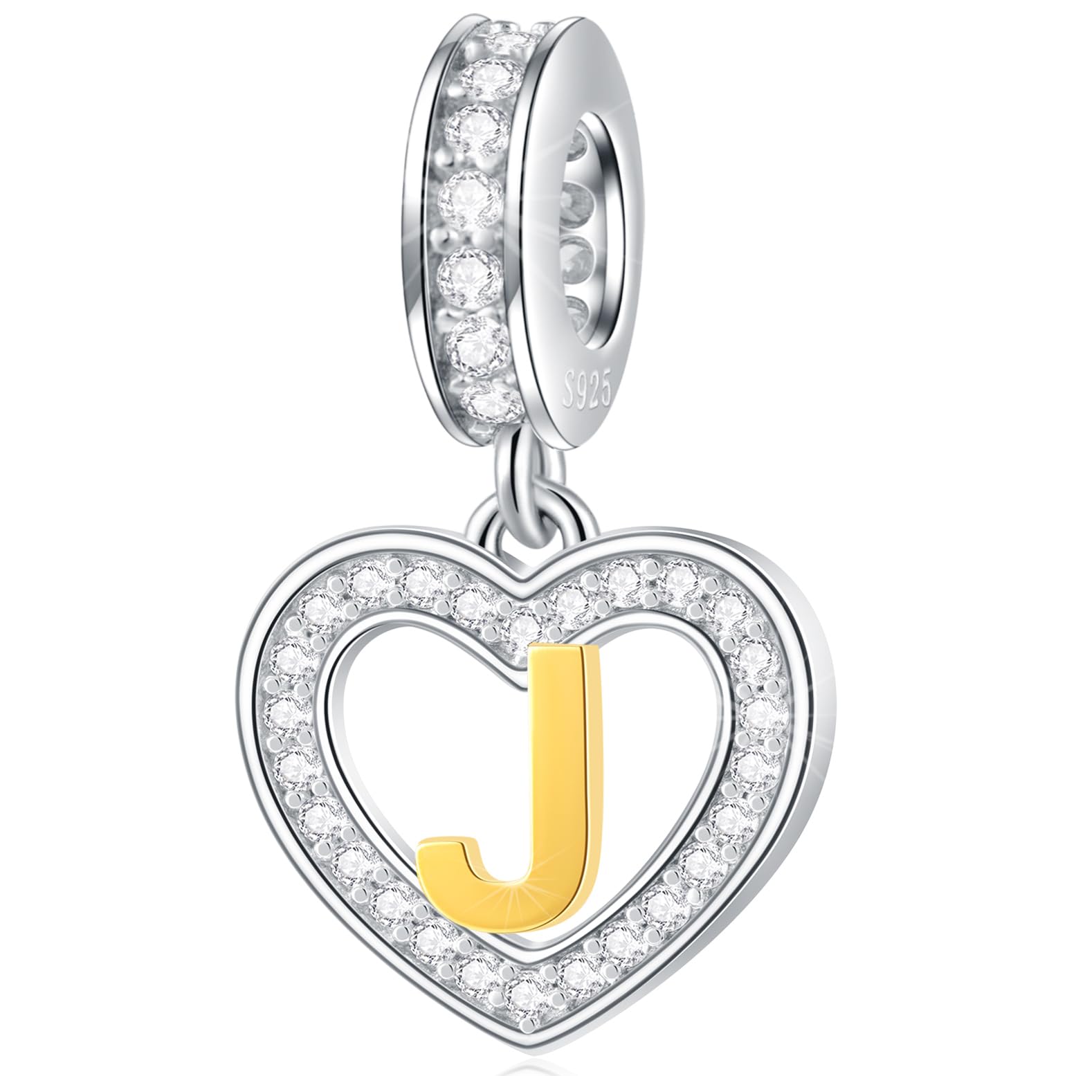 GLOWDAS18K Gold Plated Letter Charms Initial A to Z Necklace Pendant, 925 Sterling Silver CZ Heart Dangle Alphabet Beads fit European DIY Bracelet, Gifts for Valentiens/Christmas/Family