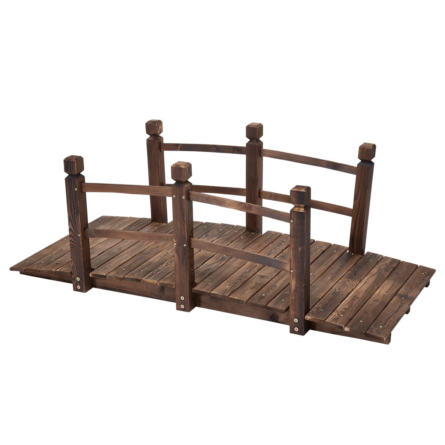 J-SUN-7 5 ft Garden Bridges with Double Railings Stained Finish Wooden Garden Bridge Decorative Pond Bridge Outdoor Lawn Arc Walkway