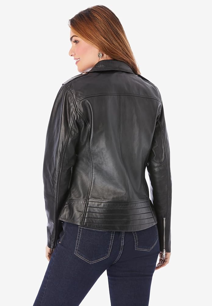 Roaman's Women's Plus Size Moto Leather Jacket - 12 W, Black at