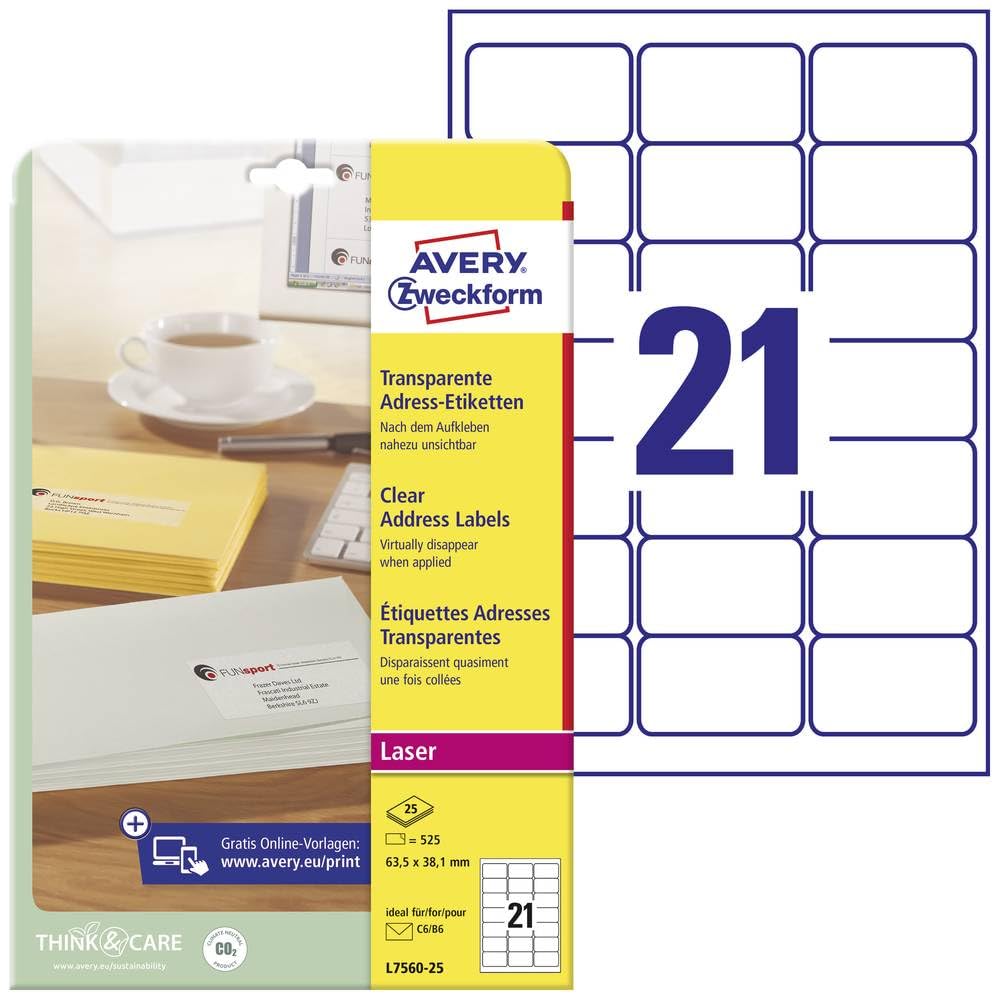 Avery Zweckform L7560-25 Transparent Self-Adhesive Address Labels for C6 Envelopes + Deutsche Post Internet Mark 63.5x38.1mm 25 Sheets
