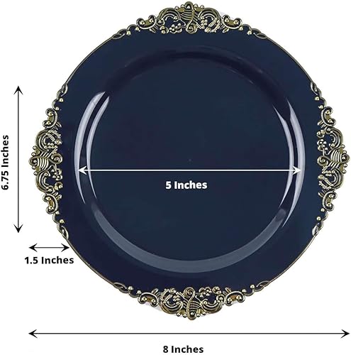 Miniatura 3 de Efavormart 10 Pack  Platos de plástico redondos de 8" para postre y ensalada en azul marino vintage, con hoja de oro en relieve estilo barroco,