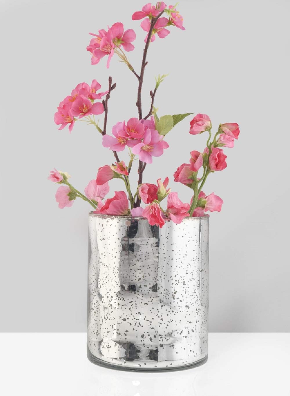 Serene Spaces Living Antique Silver Cylinder Vase, Vintage-Style Handmade Mercury Glass Finish for Weddings, Parties, Events, Measures 7.5" Tall and 6" Diameter