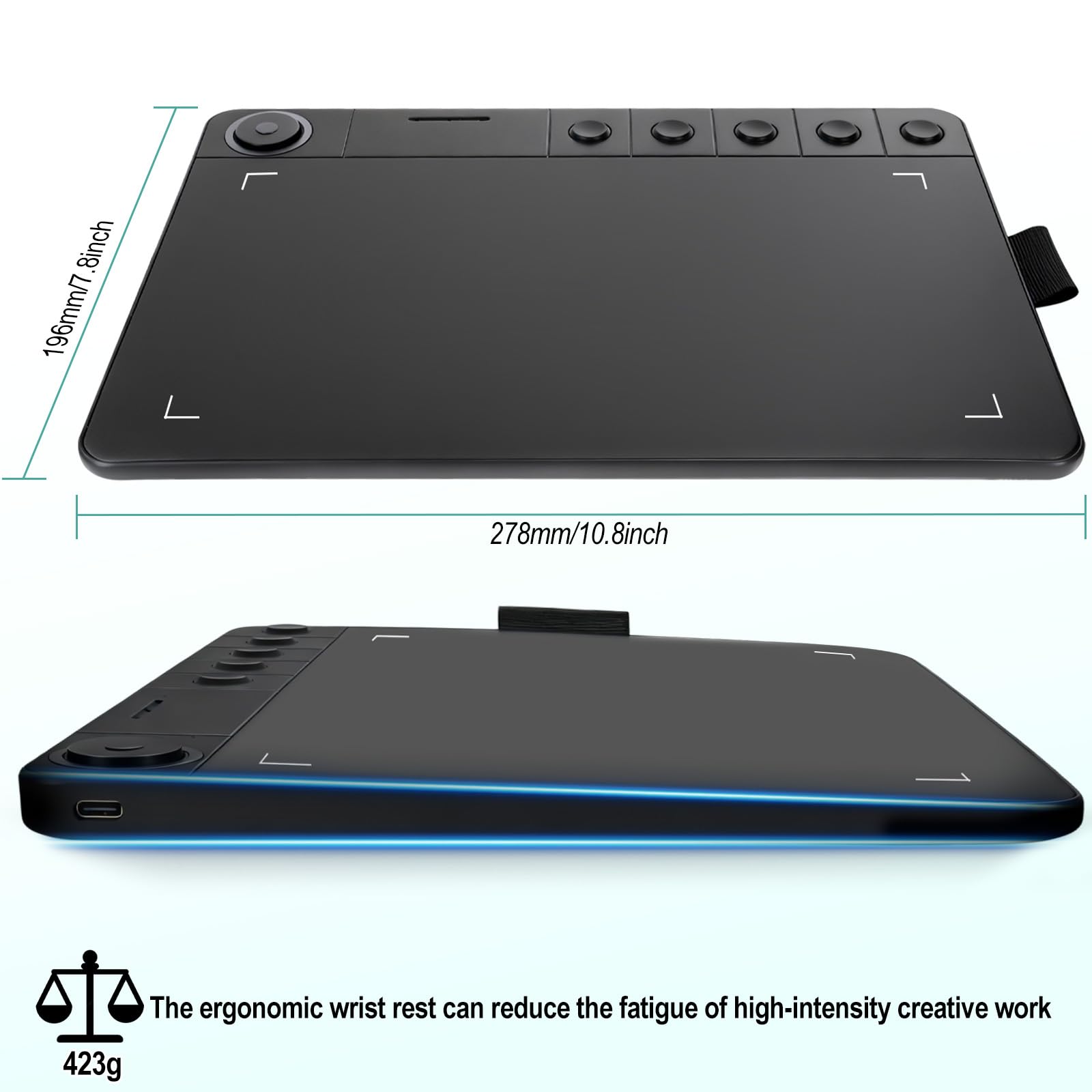 Tavoletta grafica da disegno con 5 tasti di scelta rapida, 9 x 5 pollici, penna digitale con quadrante rapido e stilo passivo senza batteria, compatibile con Android/Windows/Mac OS
