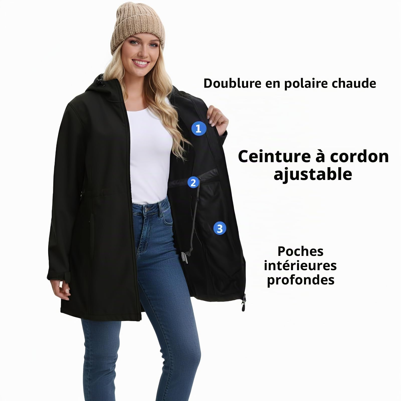 Veste de Transition pour Femmes Veste de Pluie Softshell Imperméable Jacket Fonctionnelle Coupe-Vent Avec Capuche