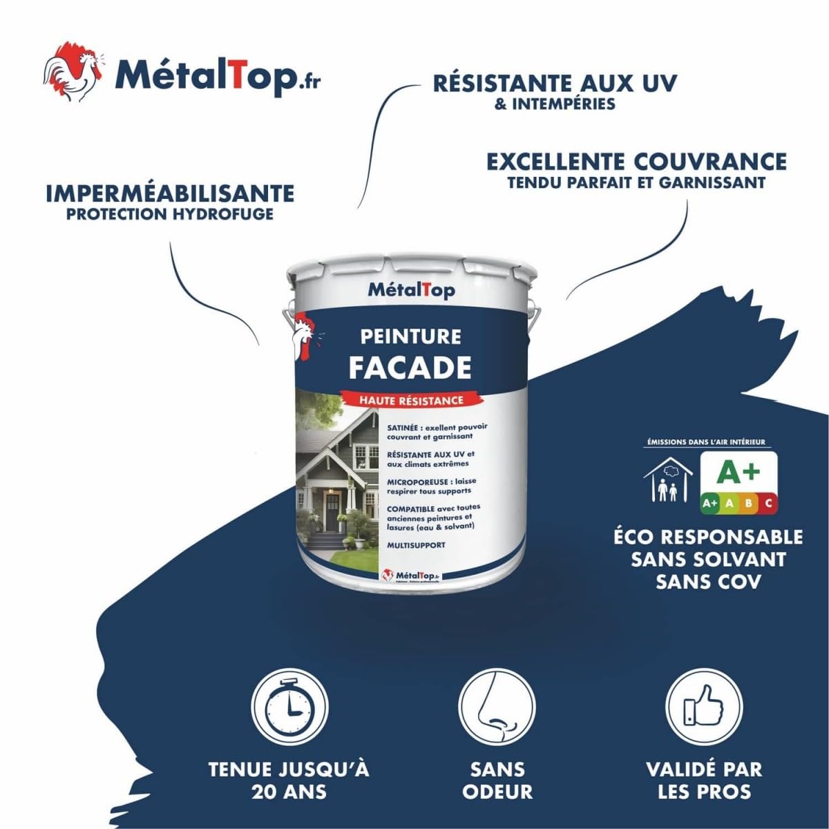 Metaltop - Peinture Facade - Blanc pur - RAL 9010-1 L - Microporeuse, idéale pour murs extérieurs en rénovation ou neuf