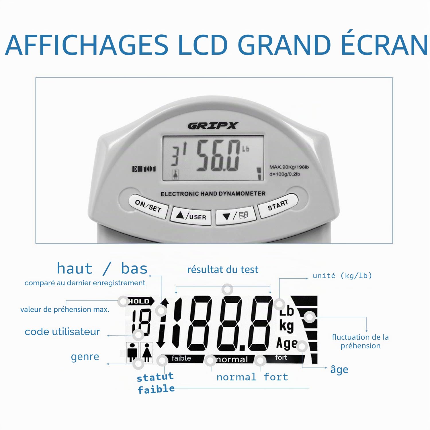 Dynamomètre à Main numérique Compteur de Mesure de la Force de la poignée à Capture Automatique de la Puissance de la poignée électronique 198Lbs / 90Kgs