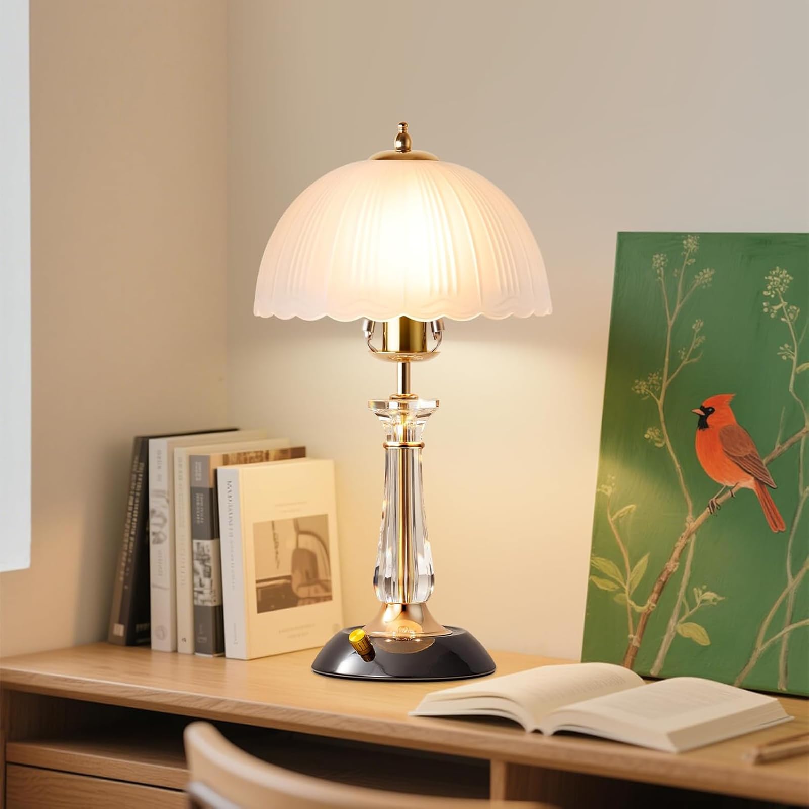 Lampa Stołowa LED, Lampa Biurkowa Do Sypialni Z Kloszem Z Białego, Matowego Szkła I Kryształową Kolumną, Ściemniana Lampka Nocna Z 3 Regulowanymi Trybami Oświetlenia, Do Biura Gabinetu Salonu