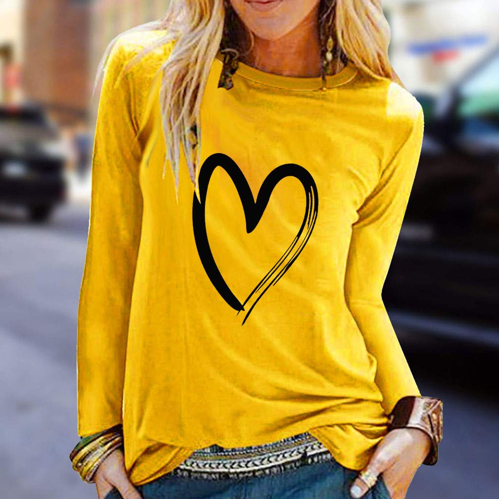 Womens 2024 Sexy Crewneck Flattering Tops Trendy Casual Heart Print Tee Shirts Solid Color Flowy Spring T Shirts Cute Yellow