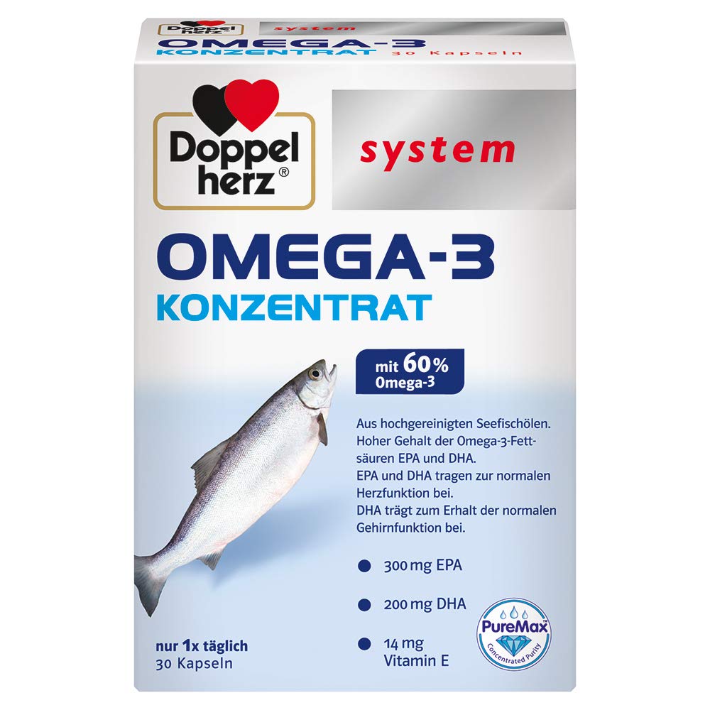 Doppelherz system OMEGA-3 KONZENRAT – Mit 300 mg EPA und 200 mg DHA pro Kapsel als Beitrag für die normale Gehirn- und Herzfunktion – 30 Kapseln