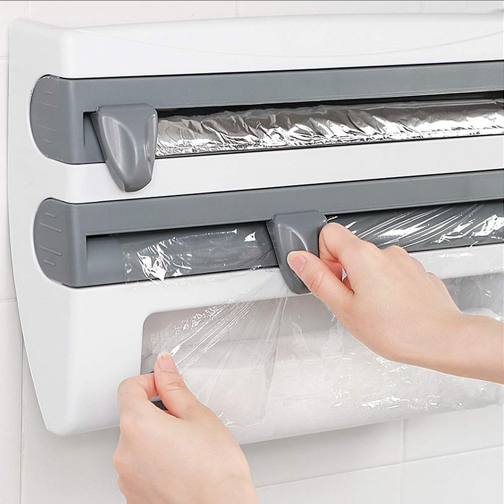 Beauenty4-in-1 Wall-Mount Paper Towel Holder,Plastic Wrap Foil Dispenser (Gray)