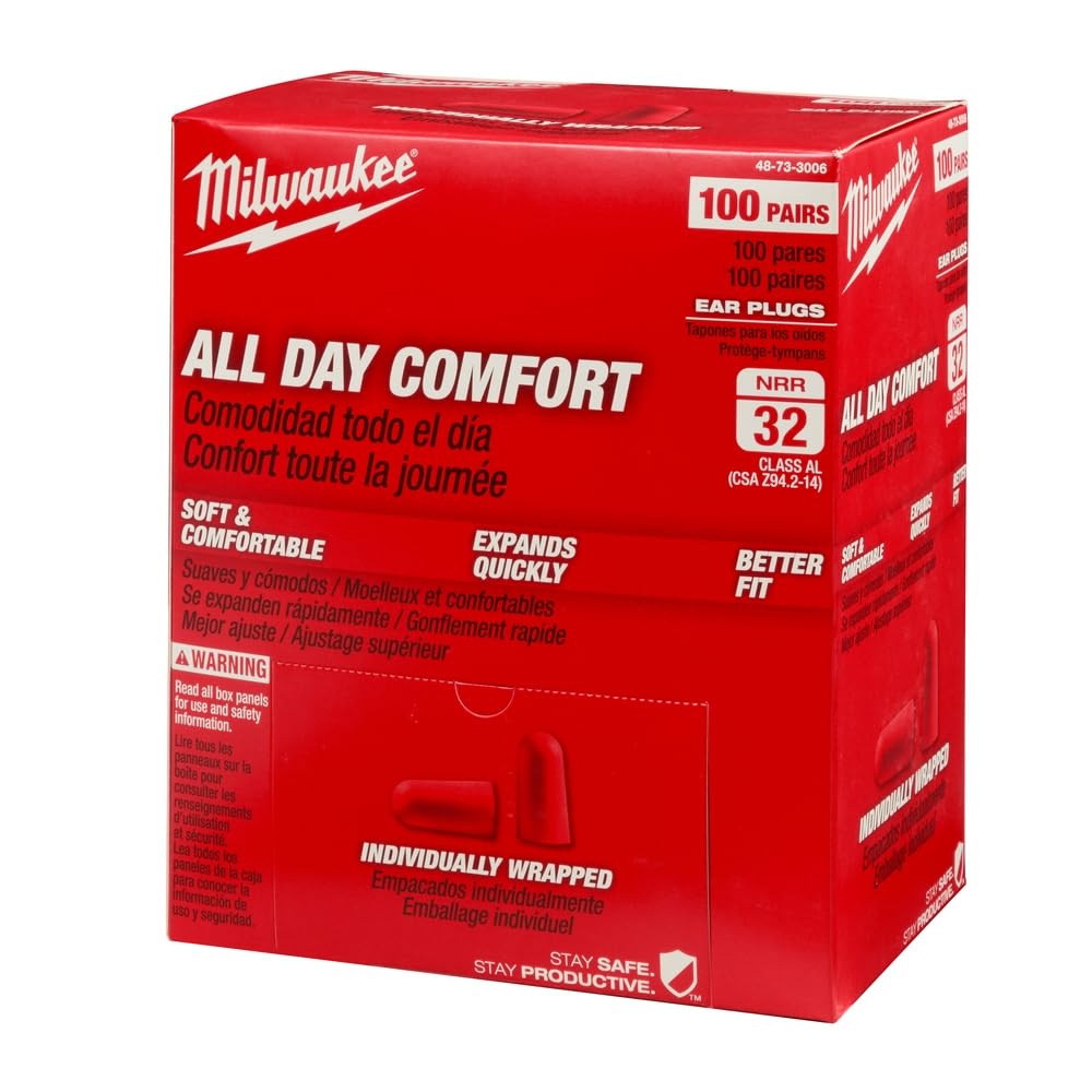 Milwaukee All Day Comfort Ear Plugs - Individually Wrapped (Box of 100 Pair)