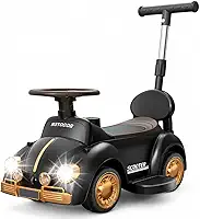 Carrinho eletrico Infantil Com Empurrador E Luzes Preto Carrinho Passeio Infantil Com Volante Interativo Proteção Lateral Apoio Para Pés E Conforto Total