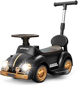 Carrinho eletrico Infantil Com Empurrador E Luzes Preto Carrinho Passeio Infantil Com Volante Interativo Proteção Lateral Apoio Para Pés E Conforto Total
