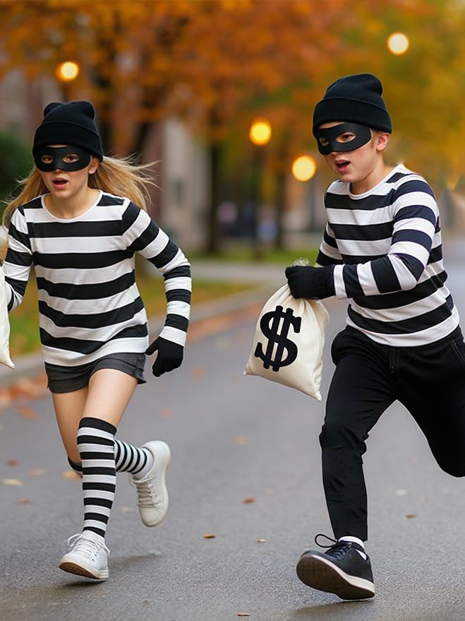 Kid's Robber Costume Set Cosplay Thief Accessories for Halloween Party Black and White Striped Knit Beanie Cap - Image 3