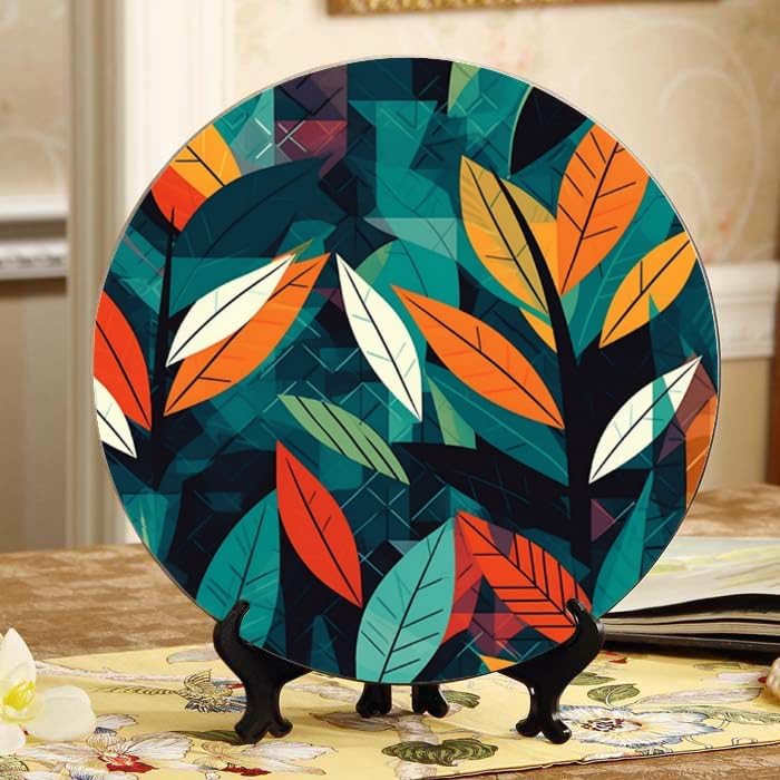 Leaf Shape 10-inch Ceramic Plate for Wall Display or Tabletop, with Stand & Hook DP-493136679