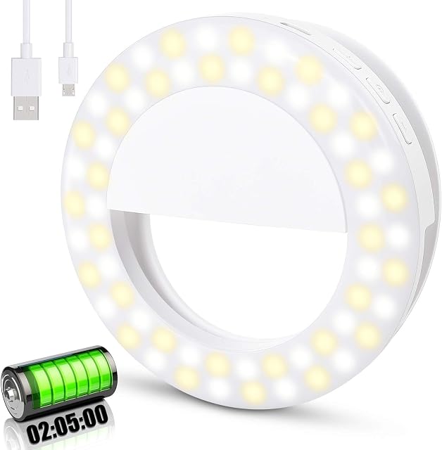 Selfie Ring Light, [600mAh Long Battery Life] Diyife 60 LED Universal Ring Light Clip on Phone Ring Light, 1m Long USB Cable 3 Light Color 3 Level Brightness Selfie Light for Phone, YouTube, Video