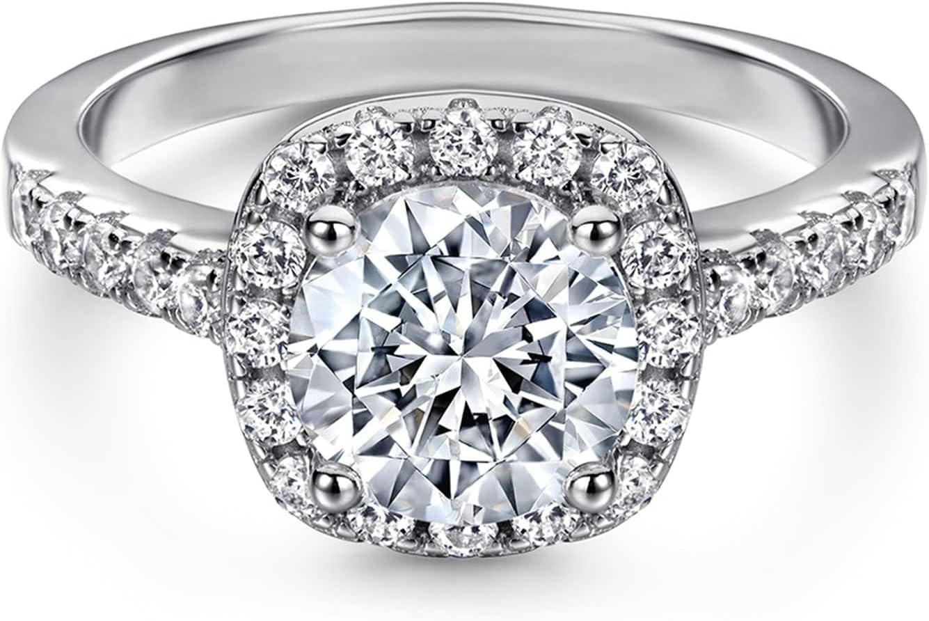Gualiy 925 Sterling Silver Engagement Rings, Halo Design with Cubic Zirconia Wedding Band and Engagement Ring Size 4-10