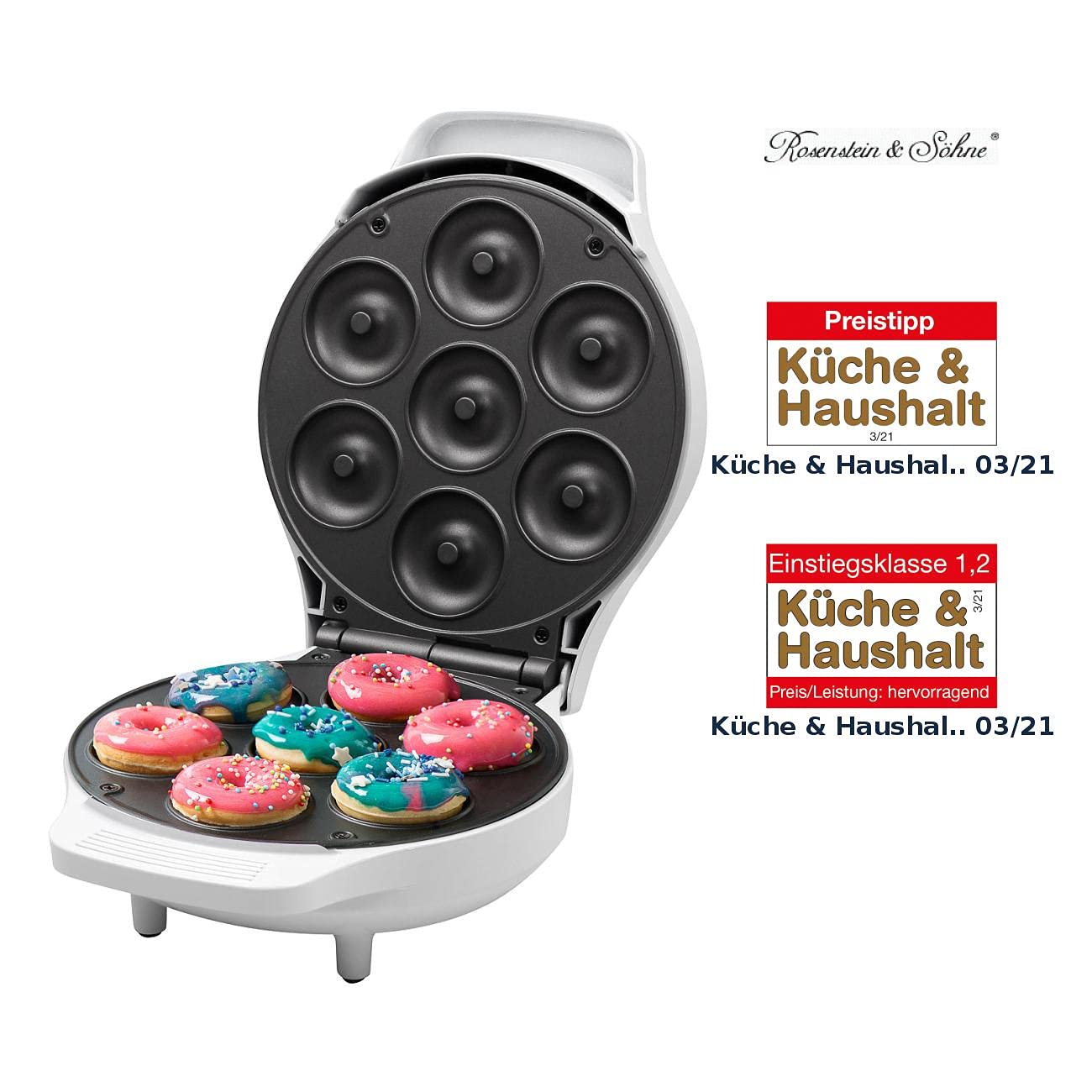 Rosenstein & Söhne Procesador de alimentos: Mini fabricante de donas, revestimiento antiadherente, 1000 vatios (Máquina para hacer gofres para rosquillas)
