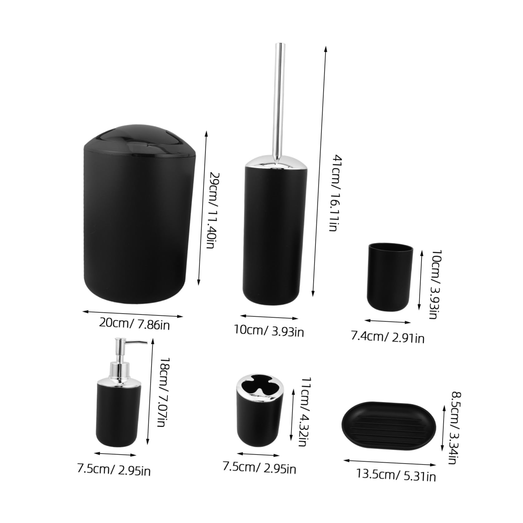 Cabilock Set in Plastica Nera Resistente All'umidità 6 Pezzi Accessori Bagno con Dispenser Sapone, Porta Spazzolino, Scopino Wc e Portarifiuti per Bagno Elegante e Funzionale