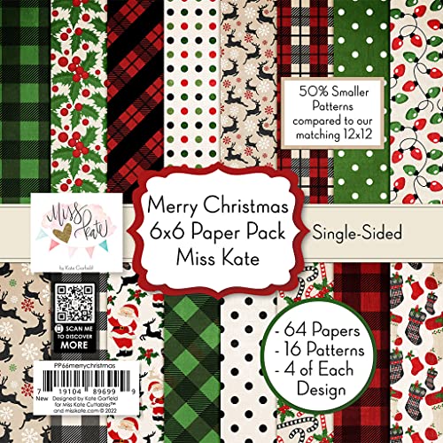 6X6 Pattern Paper Pack - Merry Christmas - Card Making Scrapbook Specialty Paper Single-Sided 6"x6" Collection Includes 64 Sheets - by Miss Kate Cuttables