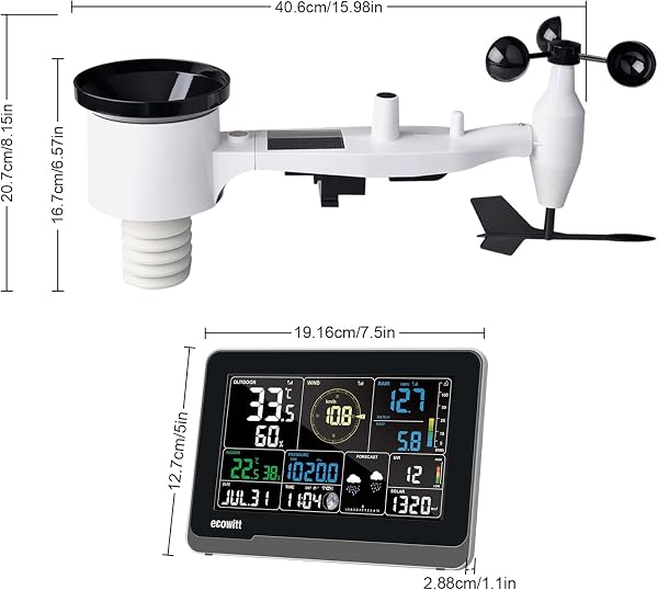 Ecowitt Stazione meteo Wi-Fi, 7 in 1 Sensore solare senza fili da giardino WS69 + 3 in 1 console interna da 7,5 pollici LCD a colori con grande display, sistema di monitoraggio meteo 868 MHZ - 3