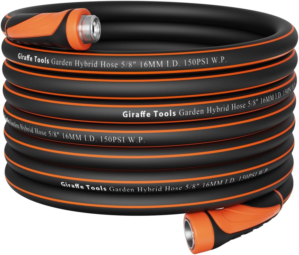 Giraffe Tools Garden Hose 50ft x 5/8", Water Hose Heavy Duty, Flexible, Lightweight Hybrid Hose with Swivel Handle, Male to Female Fittings, Burst 600 PSI
