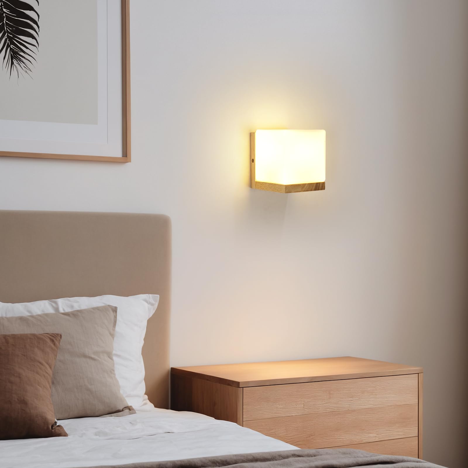 Comely Wall Light Sconce, E27 LED Wooden Wall Lamp,Square Glass Wall Lighting Fixtures for Living Room Bedroom Corridor Stairs Hallway - Image 4