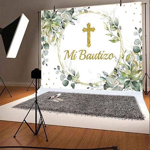Miniatura 3 de Lofaris Mi Bautizo Telón de fondo de ceremonia de bendición de Dios con hojas verdes, anillo de oro, primera comunión, purpurina dorada, bautismo,