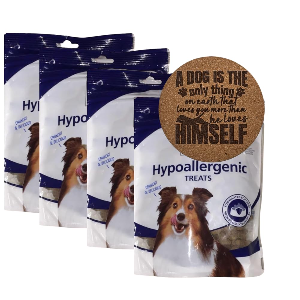 AETN Creations Hypoallergenic Dog Treats 4x200g Bundle with Chicken plus AETN Exclusive Dog Coaster