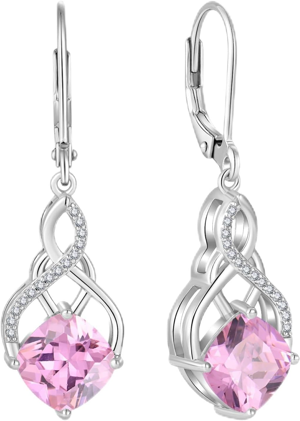 Princess Cut Leverback Dangle Drop Earrings 925 Sterling Silver Infinity Knot Earrings Birthstone Jewelry Gifts for Women