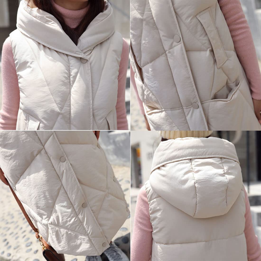 Gilet in Piumino Donna Gilet Trapuntato Autunno Invernali Smanicato Piumino Canottiera Mode Leggermente Imbottito Giacca con Cappuccio Gilet con Tasche Casual con Cerniera Outerwear,Beige,M