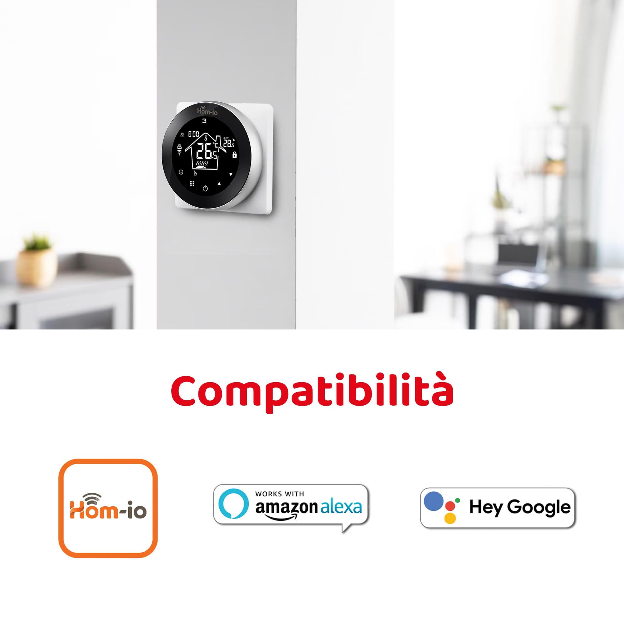 Hom-Io | Cronotermostato Smart Wi-Fi PLUS per Caldaia e Boiler a Gas, Termostato Digitale, Imposta e Gestisci La Temperatura, Programmazione Settimanale, Display LCD Touch