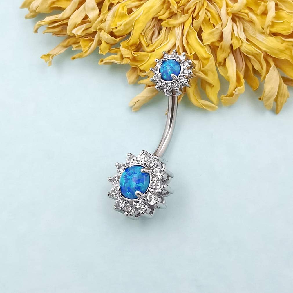 Excepro Belly Rings 316L Surgical SS 14G White Blue Sun Flower CZ Opal Body Jewelry Shiny Belly Button Rings