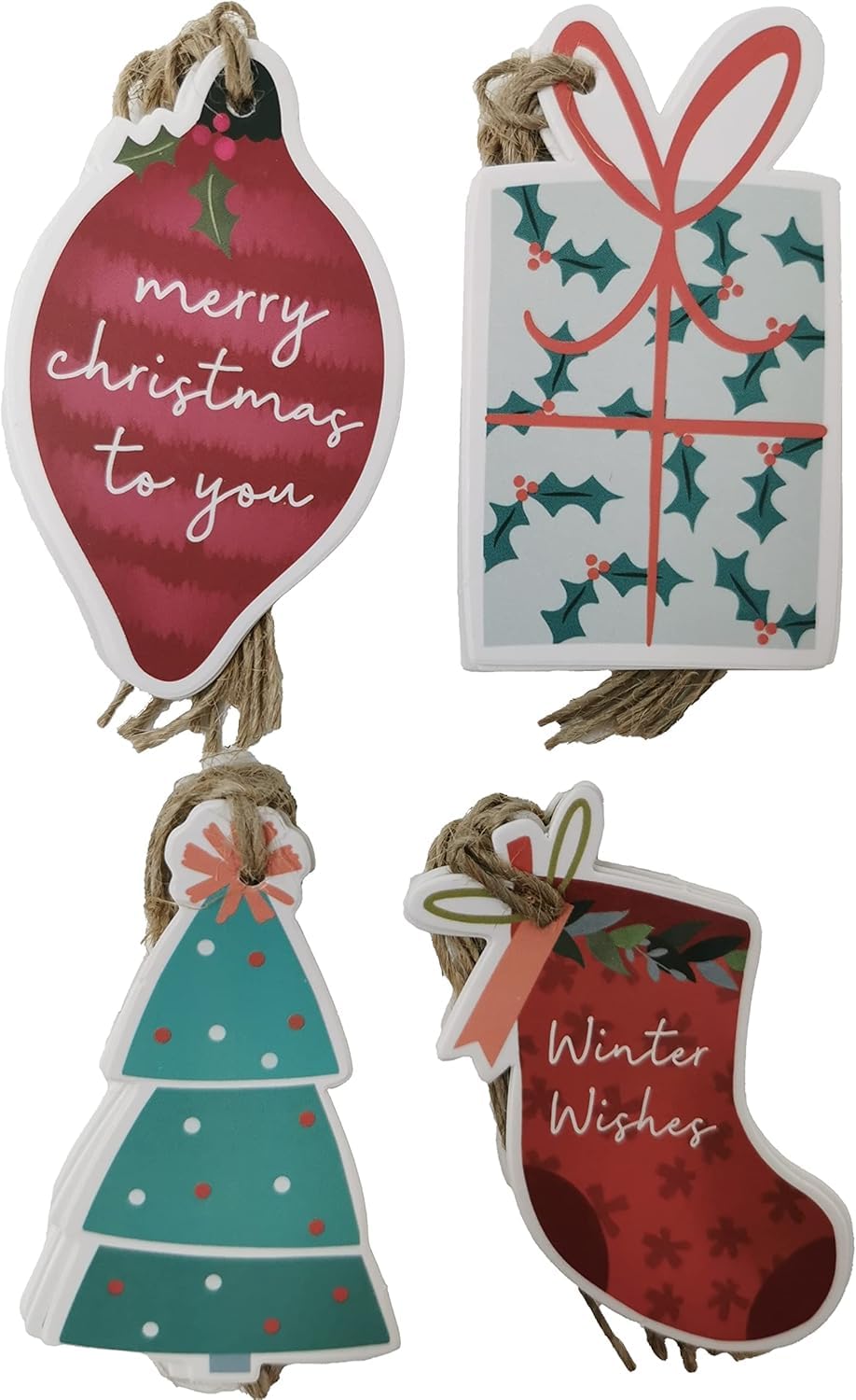 (2 Pack) 20 Luxury Gift Tags for Christmas – Festive Shapes with String – Tree, Bauble, Stocking & Present – Recyclable Card & Eco Packaging – Blank Back for Writing – Xmas Present Labels