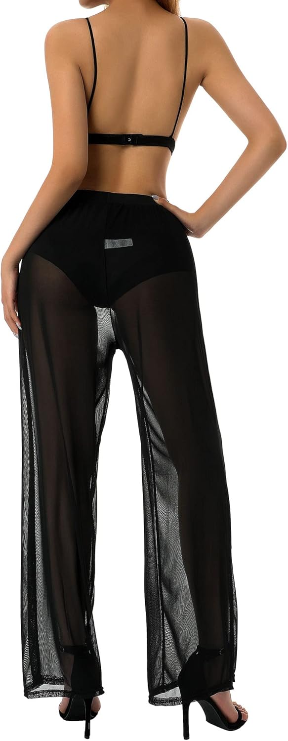 Women Sexy See Through Sheer Mesh Loose Bottoms, Swimsuit Bikini Cover Up, High Waist Wide Leg Pant - Image 6