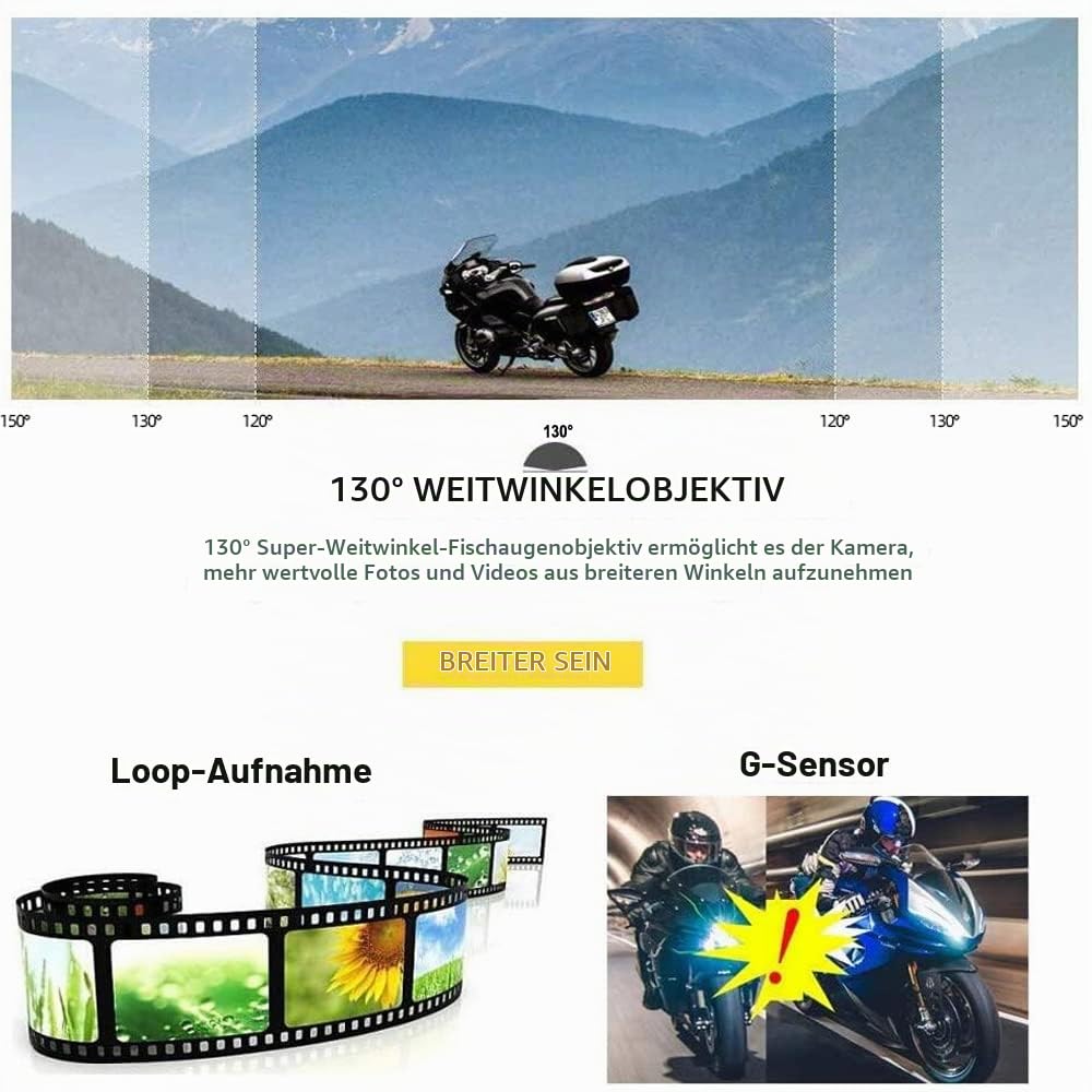 VSYSTO Motorrad-Dashcam 130° Weitwinkelobjektiv, 1080P Dual-Kameras Vorne und Hinten, Kein Bildschirm, WiFi, Nachtsicht, G-Sensor, Loop-Aufnahme (Schwarz-D6RL)