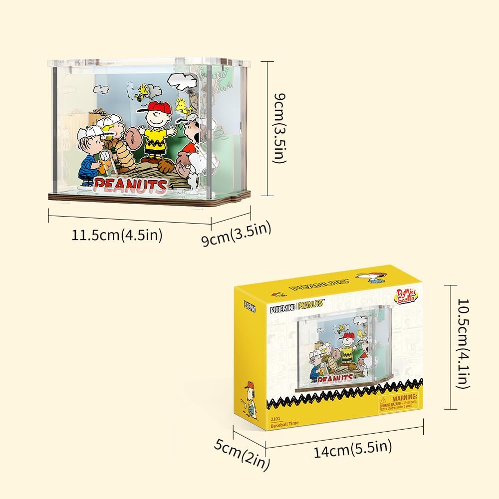 PUREMIND Snoopy Baseball Miniature Wooden Puzzle Kit - Officially Licensed Snoopy & Friends Building Kit with Movable Characters, 3D Desktop Display, Collector Gift for Fans