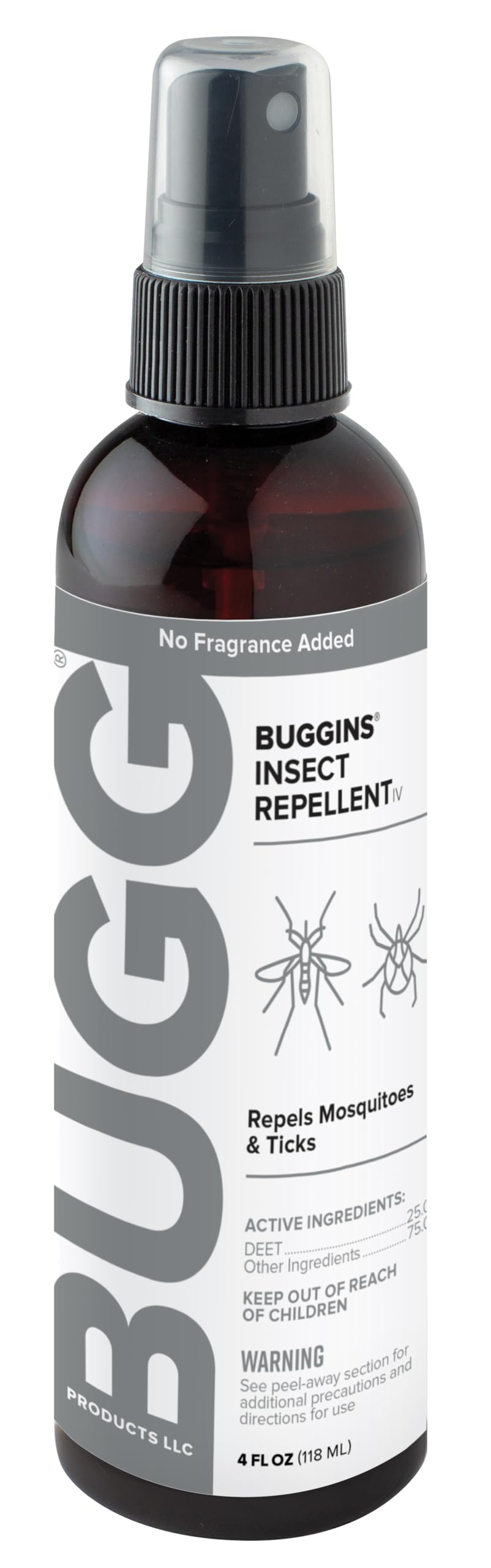 BUGGINS IV No Fragrance Added - Insect Repellent - Mosquitoes, Gnats, Ticks, and Biting Flies, 25% DEET - 4 oz Pump Spray Bottle