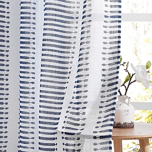 Pony Dance Curtains 95 Inch Long - Window Semi Sheers Faux Linen Textured Curtains Voile Light Filter With Slub Pattern Croix Striped Decor Match With Drapes, 50''W X 95''L In, Navy Blue, Set Of 2 #TOP3