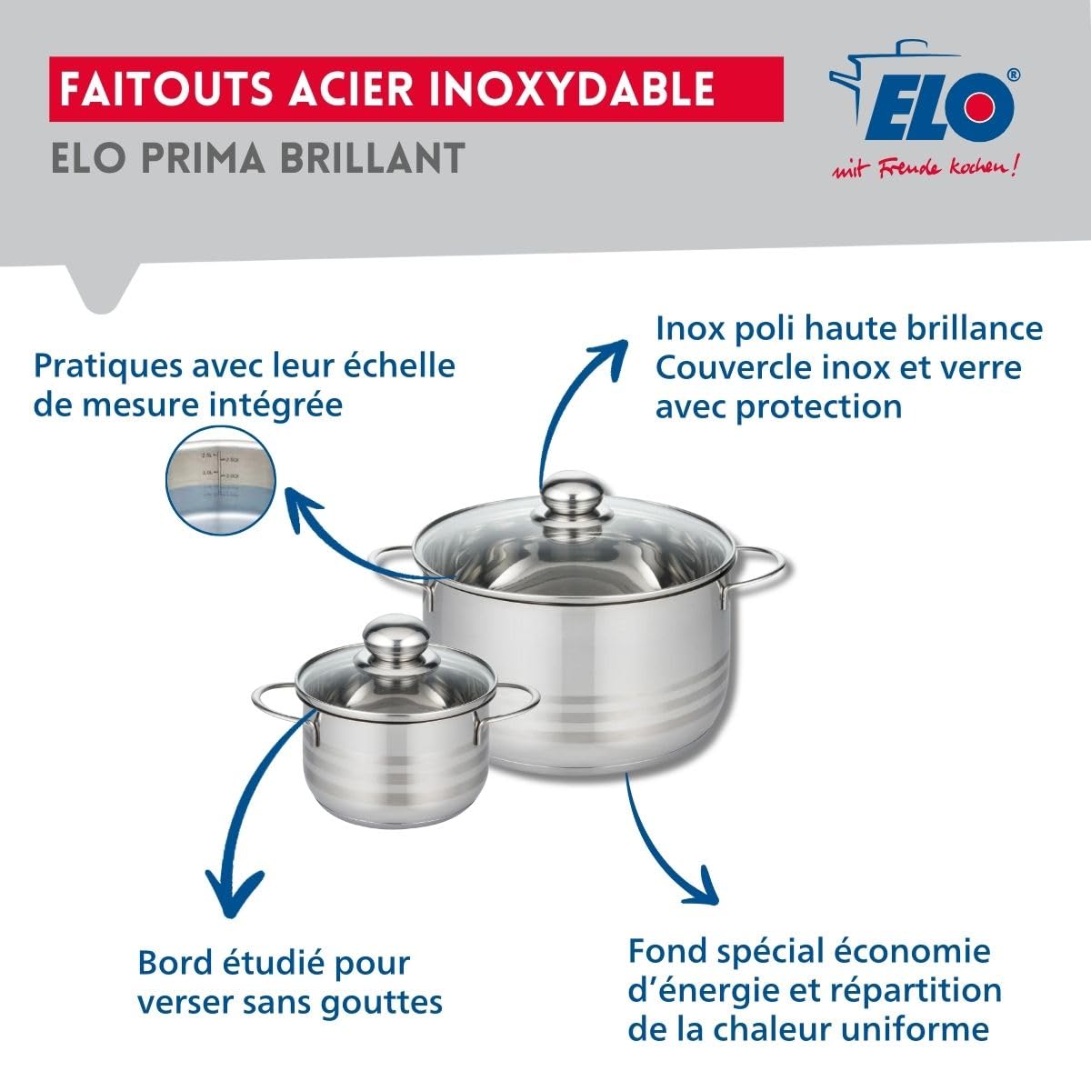 Elo Batterie cuisine poêle 28 cm et 2 faitouts 14/24 cm