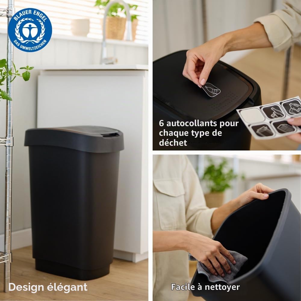 Rotho Twist Poubelle Cuisine 50 Litres Poubelle Salle de Bain Noir/Argenté