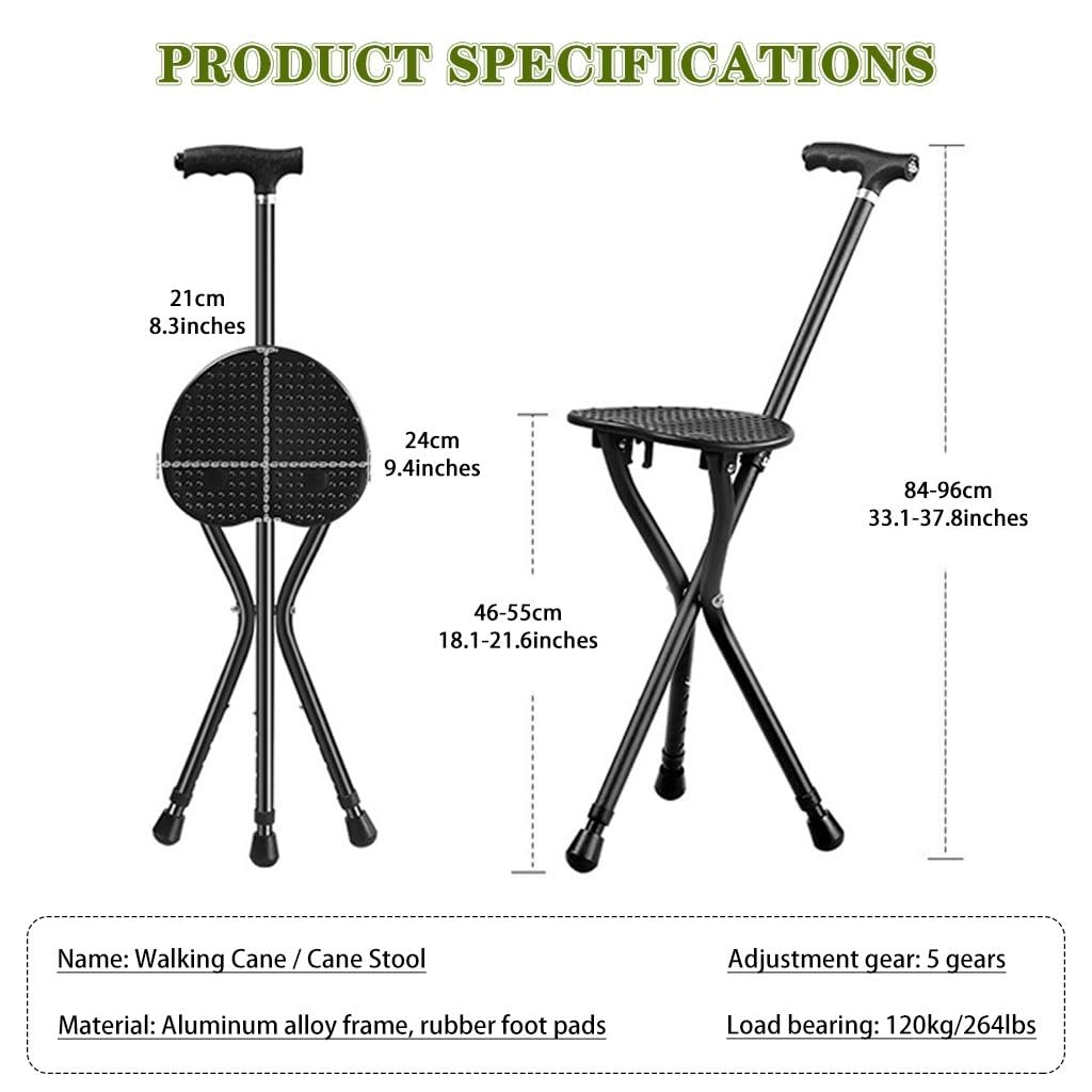 Bastón Taburete De Caña Duradero De Aleación De Aluminio, Bastón Ajustable En Altura De 5 Niveles, Muletas con Asiento Resistente con Luz LED, para Senderismo, Excursiones(Red Color)
