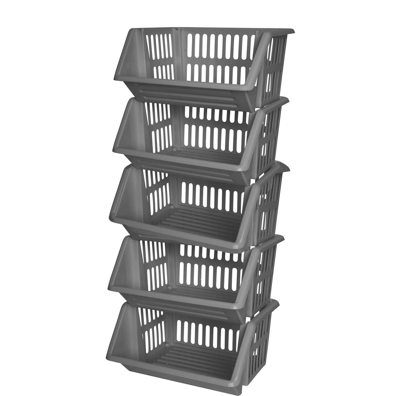 ZARVICZONIA Large Stacking Storage Baskets Veg Rack, Durable Plastic Stackers, Dimensions: 36 cm (L) x 30 cm (D) x 17.5 cm (H) (Grey, Pack of 5)