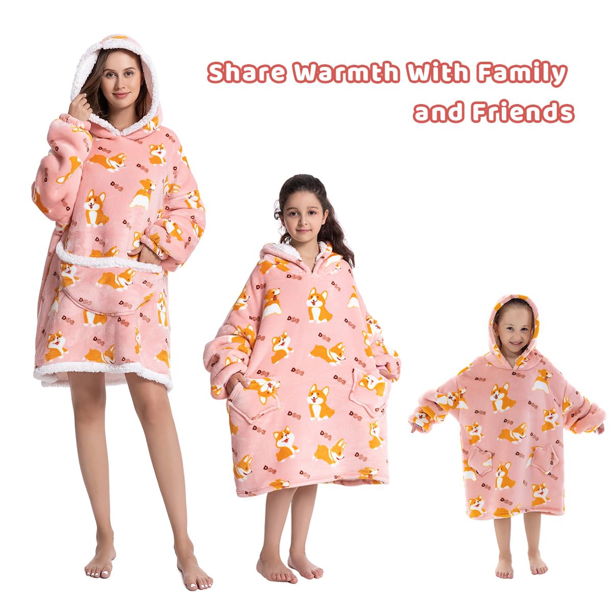 Wenlia Bluza z Kapturem Oversize - Dla Dorosłych, Dzieci, Małych Dzieci, Sherpa, Flanela, Ogromna Pluszowa, Dopasowana, Gruba, Dla Rodziny, Corgi 7-13