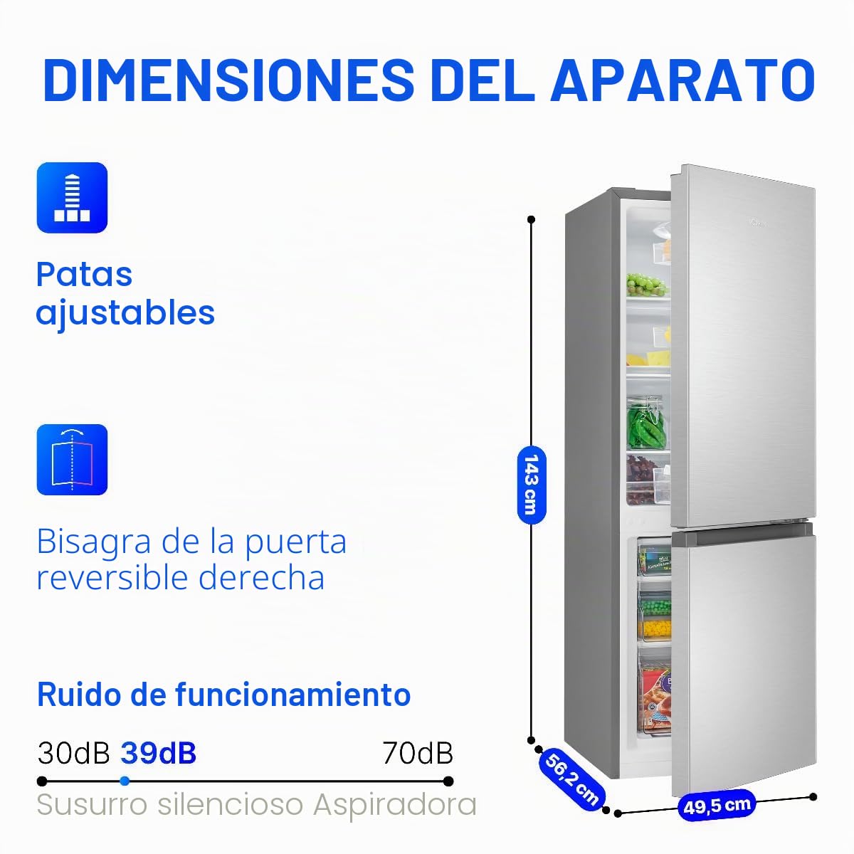 Bomann® Frigorífico con congelador, clase energética D, 143 cm, congelador silencioso de 39 dB, 3 estantes y 3 cajones, tope de puerta intercambiable, combinación de congelador de 175 l, KG 322.1 inox