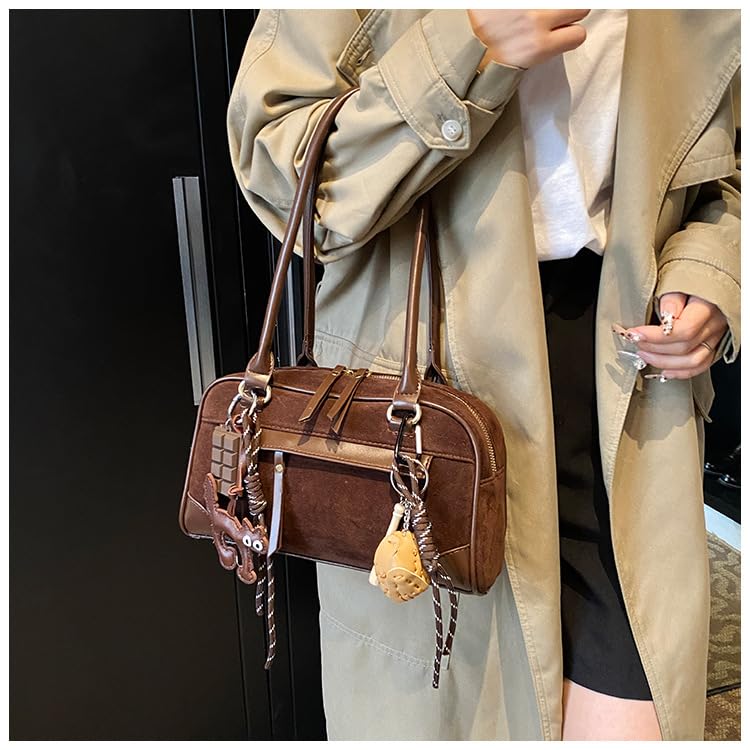 Suede Shoulder Bags for Women Vintage Bowler Bag Stylish Fall Purse Shoulder Handbags Retro Top Handle Bag with Cute Pendant3
