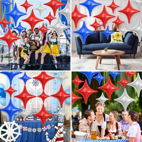Image of Red Blue Silver Star Balloons,12Pcs Four Angle Star Foil Balloons